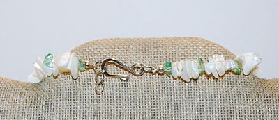Tropical Fun NECKLACE with Decorated Green Beads and Cut SHELLS & Large Wire Hook Silver Tone Clasp 22" L