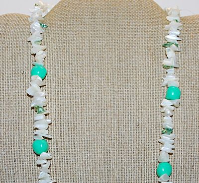 Tropical Fun NECKLACE with Decorated Green Beads and Cut SHELLS & Large Wire Hook Silver Tone Clasp 22" L
