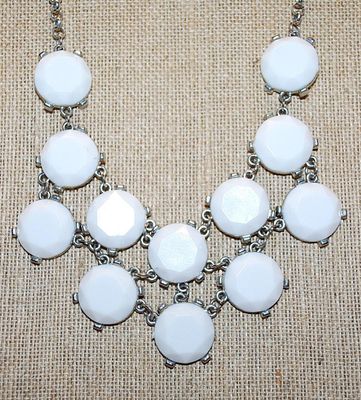 White Beveled Cut Disks Choker NECKLACE with Silv er Tone Chain and Lobster Clasp 18" L