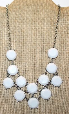 White Beveled Cut Disks Choker NECKLACE with Silv er Tone Chain and Lobster Clasp 18" L