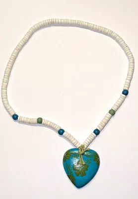Beachwear STRETCH NECKLACE (14" L) with Painted Flowered Wooden HEART and Sliced Shell Beads Chain
