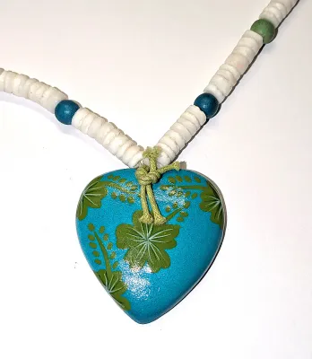 Beachwear STRETCH NECKLACE (14" L) with Painted Flowered Wooden HEART and Sliced Shell Beads Chain