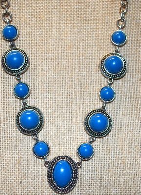 Eleven Ocean Blue Disc Stones Necklace on Silver Tone Chain 17" L