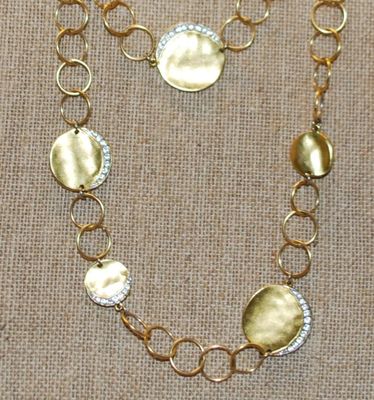 Gold Hammered Discs Wrap-a-Round Necklace with Half-Moon Clear Stones on Each Disc 40" L