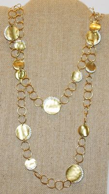 Gold Hammered Discs Wrap-a-Round Necklace with Half-Moon Clear Stones on Each Disc 40" L