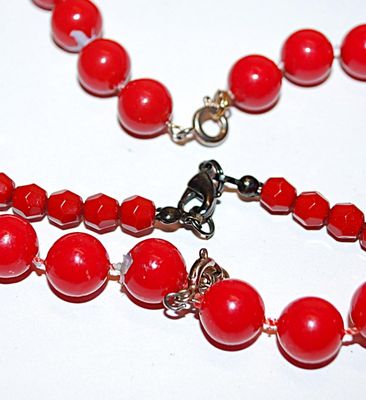 Collection of 3 RED Acrylic NECKLACES with Circle / Lobster Clasps and 22" - 20" - 18" Long