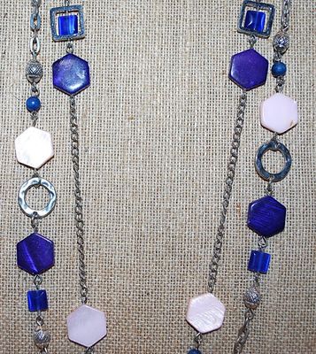 Double Strands Wrap-Around NECKLACE with Pink, Purple and Blue Hex Beads, Rings and Globes Accents on a Silver Tone Chain and Lobster...