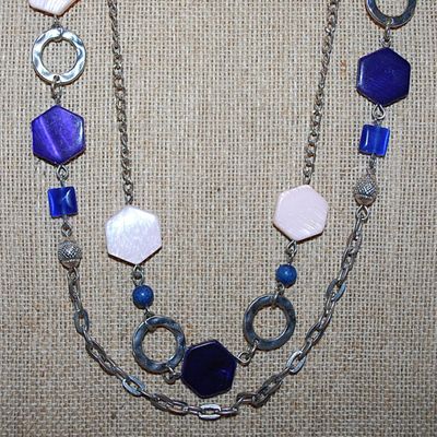 Double Strands Wrap-Around NECKLACE with Pink, Purple and Blue Hex Beads, Rings and Globes Accents on a Silver Tone Chain and Lobster...