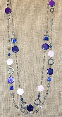 Double Strands Wrap-Around NECKLACE with Pink, Purple and Blue Hex Beads, Rings and Globes Accents on a Silver Tone Chain and Lobster...