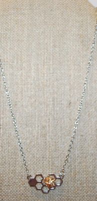 Two Tone Golden Bumblebee on a Silvery Honeycomb PENDANT (1¼" x ¾") on a Silver Tone Necklace Chain 16" L