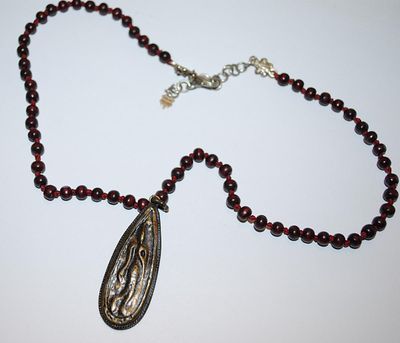 Marked "LUCKY BRAND" Dark Beaded PENDANT / NECKLACE Combo with Brass Tone Long Oval Pendant and Silver Tone Accents &...