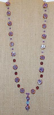 Disk-Style Multicolor Ceramic BEADS NECKLACE with Purple Bead Spacers and Silver Tone Lobster Clasp 25" L