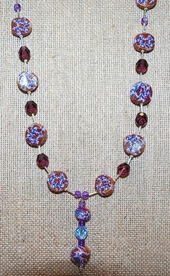 Disk-Style Multicolor Ceramic BEADS NECKLACE with Purple Bead Spacers and Silver Tone Lobster Clasp 25" L