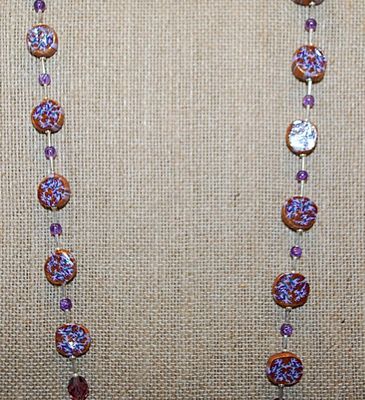 Disk-Style Multicolor Ceramic BEADS NECKLACE with Purple Bead Spacers and Silver Tone Lobster Clasp 25" L