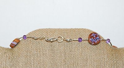 Disk-Style Multicolor Ceramic BEADS NECKLACE with Purple Bead Spacers and Silver Tone Lobster Clasp 25" L