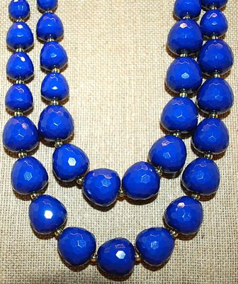 Large BLUE Beaded 2-Strand Choker NECKLACE with Gold Tone Spacers and Lobster Clasp 18" L