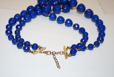 Large BLUE Beaded 2-Strand Choker NECKLACE with Gold Tone Spacers and Lobster Clasp 18" L