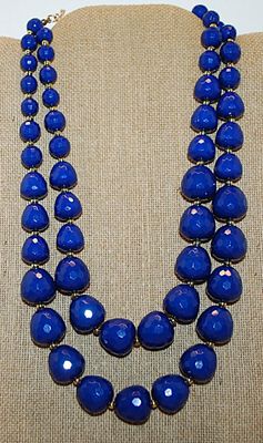 Large BLUE Beaded 2-Strand Choker NECKLACE with Gold Tone Spacers and Lobster Clasp 18" L