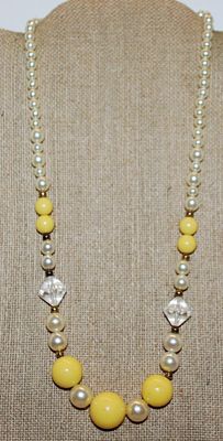VINTAGE Yellow Globes NECKLACE with Prisms & Faux Pearls Accents and Gold Tone Lobster Clasp 20" L