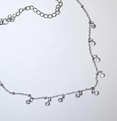 Delicate 9-Stone NECKLACE with "Cupped" Clear Round Stones on a Silver Tone Chain and Lobster Clasp 16" L