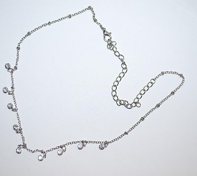 Delicate 9-Stone NECKLACE with "Cupped" Clear Round Stones on a Silver Tone Chain and Lobster Clasp 16" L