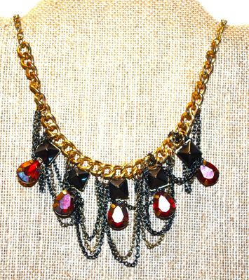 ***NEW SALE PRICE*** 5 Faceted Pear Shaped Ruby Colored Stones with Chains Necklace 15" L