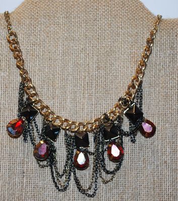 ***NEW SALE PRICE*** 5 Faceted Pear Shaped Ruby Colored Stones with Chains Necklace 15" L