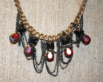 ***NEW SALE PRICE*** 5 Faceted Pear Shaped Ruby Colored Stones with Chains Necklace 15" L