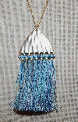 Gold Colored Brushed "Triangle" PENDANT Wrap-Around NECKLACE with Blue & Gray Brush Threads and Unique Gold Tone Necklace...
