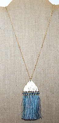 Gold Colored Brushed "Triangle" PENDANT Wrap-Around NECKLACE with Blue & Gray Brush Threads and Unique Gold Tone Necklace...