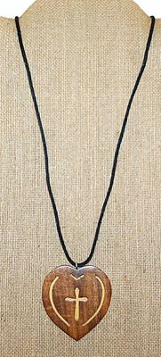 Wooden HEART Shaped PENDANT NECKLACE with Black Cord - Marked on Back "Aubrey A Small 2000"