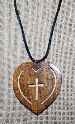Wooden HEART Shaped PENDANT NECKLACE with Black Cord - Marked on Back "Aubrey A Small 2000"