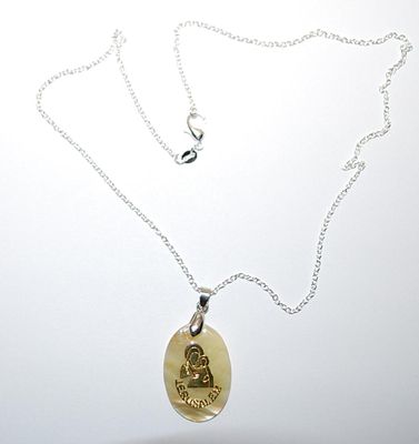 Beige and Gold Colored Acrylic "JERUSELEM" PENDANT NECKLACE with Silver Chain- Marked .925 and Lobster Clasp 18" L