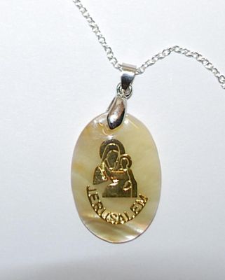 Beige and Gold Colored Acrylic "JERUSELEM" PENDANT NECKLACE with Silver Chain- Marked .925 and Lobster Clasp 18" L