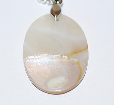 Beige and Gold Colored Acrylic "JERUSELEM" PENDANT NECKLACE with Silver Chain- Marked .925 and Lobster Clasp 18" L