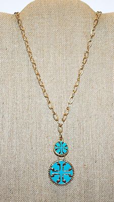 Double Blue Pendants NECKLACE with Large Link Gold Tone Chain and Lobster Clasp 28" L