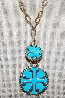 Double Blue Pendants NECKLACE with Large Link Gold Tone Chain and Lobster Clasp 28" L