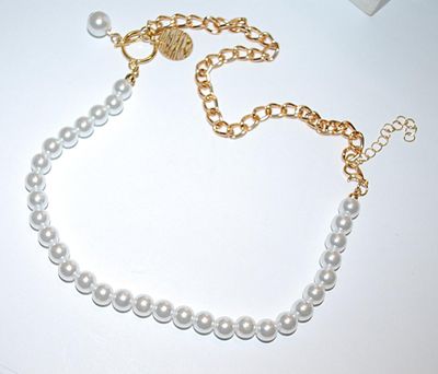 Combination Faux Pearls and Gold Tone Chain Links NECKLACE with Both TOGGLE and LOBSTER Clasps 16" L
