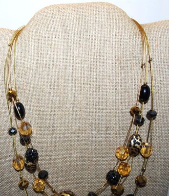 "Tiger-Style" BEADS NECKLACE with Multiple Gold Tone STRANDS of Amber & Black Accent Beads with a Lobster Clasp 20" L