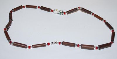 Brown "Tube Beads" NECKLACE with Clear & Red Spacer Beads and a Flowered Enamel Accent 15" L