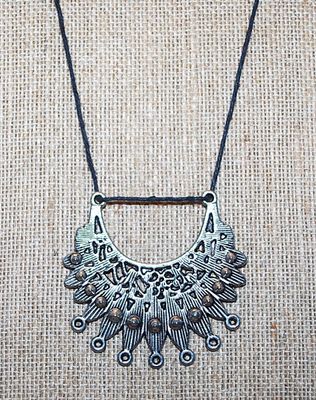 Silver Tone PENDANT/NECKLACE Combo in Crescent Shape and a Black Rope Cord 30" L