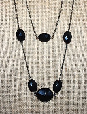 WRAP-AROUND Flattened Beveled BLACK BEADS NECKLACE with Silver Tone Necklace Chain 40" L