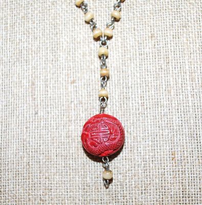 Carmel Colored Beads NECKLACE with Acrylic Red Pod Pendant on a Silver Tone Necklace Chain and Circle Clasp 20" L