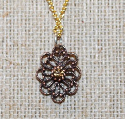 Small Swirled Brown PENDANT (¾" x ½") with Brown/Amber Center Stone on a Gold Tone Necklace Chain 18" L