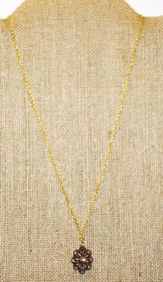Small Swirled Brown PENDANT (¾" x ½") with Brown/Amber Center Stone on a Gold Tone Necklace Chain 18" L