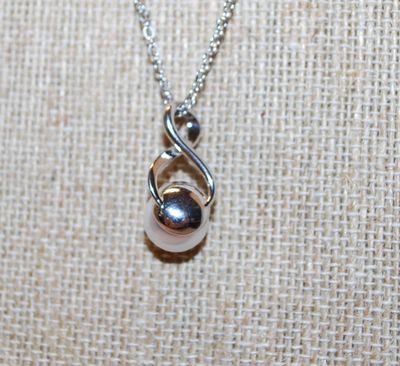Faux White Pearl PENDANT (¾" x ¼") on a Figure 8 Setting and with a Silver Tone Necklace Chain 16" L