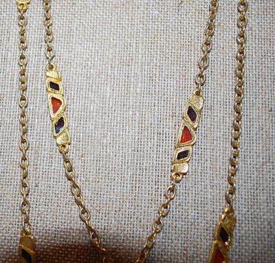 Long Colorful Wrap-Around Necklace Chain with Amber & Red Glass Stone Sections with Barrel Lock Closure 44" L