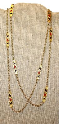 Long Colorful Wrap-Around Necklace Chain with Amber & Red Glass Stone Sections with Barrel Lock Closure 44" L