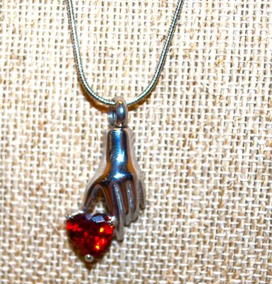 Cremation Ashes Memorial Stainless Steel "Heart in Hand" PENDANT (1¼" x ½") on a Rope Necklace Chain 21" L