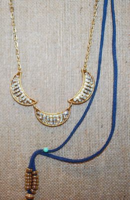 Unusual Double Style Necklace with 2 Swags of Metal, Stones & Cloth with Lobster Clasp 32" L